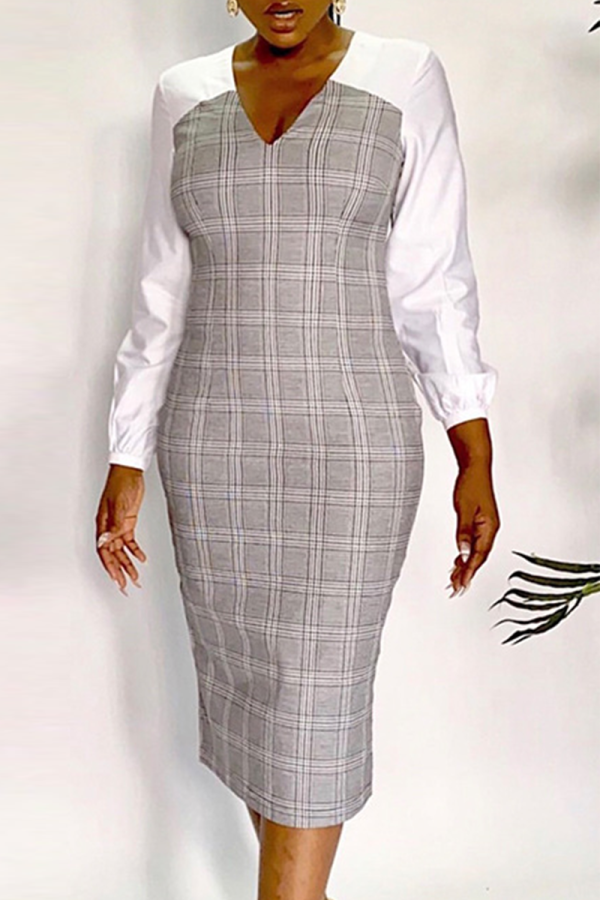 Grey Fashion Solid Patchwork V Neck Pencil Skirt Plus Size Dresses