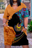 Black Brown Fashion Casual Print Patchwork V Neck Short Sleeve Dress