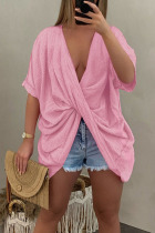 Pink Casual Solid Split Joint Asymmetrical V Neck T-Shirts