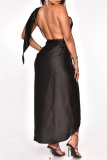 Black Fashion Sexy Solid Backless Asymmetrical One Shoulder Sleeveless Two Pieces