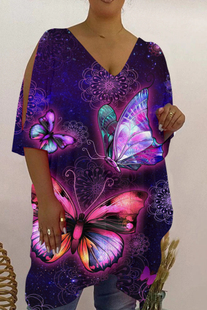 Purple Fashion Casual Print Hollowed Out V Neck T-Shirts