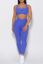 Deep Blue Sexy Sportswear Solid Backless Top Trousers Skinny Two-piece Set