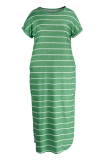 Green Fashion Casual Plus Size Striped Print Basic O Neck Short Sleeve Dress
