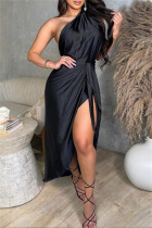 Black Fashion Sexy Solid Backless Asymmetrical One Shoulder Sleeveless Two Pieces