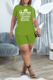 Green Casual Print Slit O Neck Short Sleeve Two Pieces