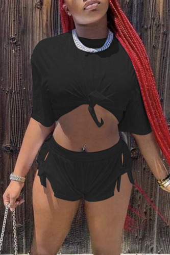 Black Casual Solid Bandage Patchwork O Neck Short Sleeve Two Pieces
