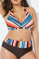 Multicolor Striped Print Bandage Split Joint Backless Halter Plus Size Swimwear (With Paddings)