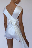 White Sexy Solid Bandage Hollowed Out Backless Asymmetrical Spaghetti Strap One Step Skirt Dresses
