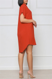 Orange Fashion Casual Solid Patchwork V Neck Short Sleeve Dress