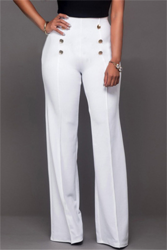 White Fashion Casual Solid Patchwork Regular High Waist Trousers