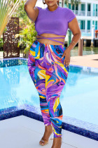 Purple Sexy Print Bandage Split Joint O Neck Short Sleeve Two Pieces