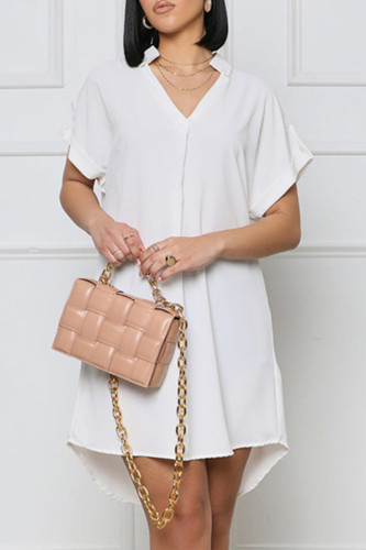White Fashion Casual Solid Patchwork V Neck Short Sleeve Dress