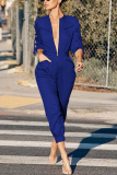 Blue Sexy Casual Zipper Micro-Elastic Long-Sleeved Jumpsuit