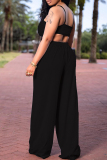 Black Fashion Casual Solid Backless Asymmetrical Spaghetti Strap Sleeveless Two Pieces