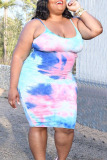 Blue Pink Fashion Sexy Plus Size Print Embroidery Backless Spaghetti Strap Sleeveless Dress