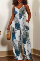 White Casual Print Split Joint Halter Straight Jumpsuits