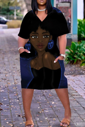 Blue Black Fashion Casual Print Basic V Neck Short Sleeve Dress