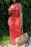 Red Casual Print Patchwork U Neck Vest Dress Plus Size Dresses