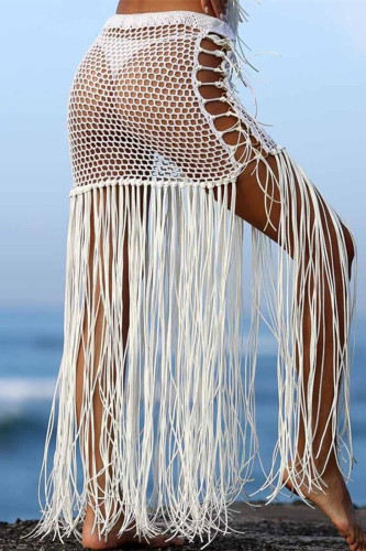 White Fashion Sexy Solid Tassel Hollowed Out Skinny High Waist Skirt