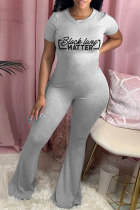 Grey Fashion Casual Letter Print Basic O Neck Skinny Jumpsuits