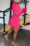 Pink Fashion Sexy Solid Bandage Slit V Neck Long Sleeve Two Pieces