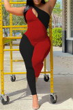 Red Black Sexy Casual Solid Patchwork Backless One Shoulder Skinny Jumpsuits