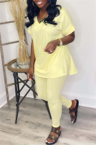 Shallow Yellow Fashion Casual Solid Slit V Neck Short Sleeve Two Pieces