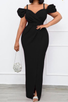 Black Casual Elegant Solid Split Joint Slit Spaghetti Strap One Step Skirt Dresses
