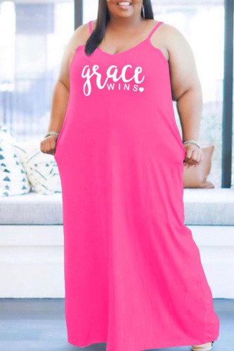 Pink Casual Print Patchwork Spaghetti Strap Sling Dress Plus Size Dresses