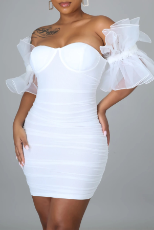 White Sexy Solid Mesh Off the Shoulder Pencil Skirt Dresses