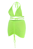 Fluorescent Green Sexy Solid Draw String Halter Pencil Skirt Plus Size Two Pieces
