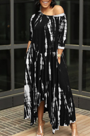 Black British Style Print Split Joint Asymmetrical O Neck Irregular Dress Dresses