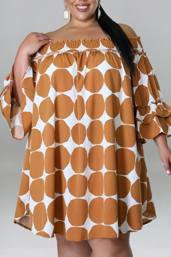 Khaki Casual Print Polka Dot Patchwork Off the Shoulder Plus Size Dresses