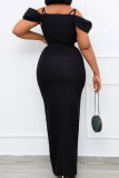 Black Casual Elegant Solid Patchwork Slit Spaghetti Strap One Step Skirt Dresses