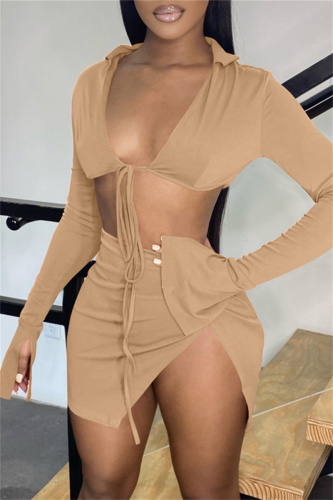 Khaki Fashion Sexy Solid Bandage Slit V Neck Long Sleeve Two Pieces