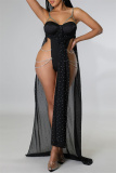 Black Fashion Sexy Patchwork Hot Drilling Backless Slit Spaghetti Strap Long Dress