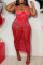 Red Sexy Plus Size Patchwork Hot Drilling See-through Backless Spaghetti Strap Sleeveless Dress