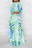 Green Fashion Sexy Not Positioning Printed Hollowed Out Asymmetrical V Neck Long Sleeve Dresses