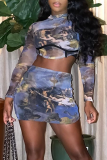 Colour Sexy Print Patchwork O Neck Long Sleeve Two Pieces