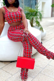 Red Sexy Plaid Patchwork O Neck Sleeveless Two Pieces