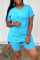 Blue Casual Solid Patchwork O Neck Short Sleeve Two Pieces