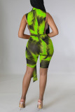 Green Sexy Print Patchwork Zipper Collar Skinny Rompers