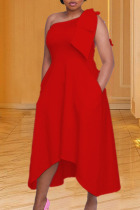 Red Elegant Solid Split Joint Oblique Collar Irregular Dress Dresses