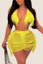 Yellow Sexy Solid Tassel Bandage Hollowed Out Split Joint Swimwears