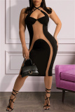 Black Fashion Sexy Patchwork Bandage See-through Backless Halter Sleeveless Dress