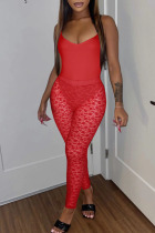 Red Sexy Solid Split Joint See-through Spaghetti Strap Sleeveless Two Pieces