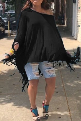 Black Fashion Casual Solid Tassel Patchwork Asymmetrical Oblique Collar Tops