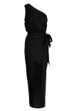 Black Sexy Solid Patchwork One Shoulder Irregular Dress Dresses