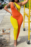 Orange Yellow Sexy Casual Solid Patchwork Backless One Shoulder Skinny Jumpsuits