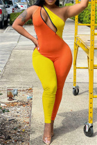 Orange Yellow Sexy Casual Solid Split Joint Backless One Shoulder Skinny Jumpsuits